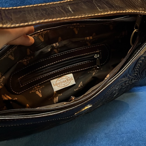 AMERICAN WEST Hand Tooled Brown Leather Shoulder Bag Purse - Picture 6 of 12